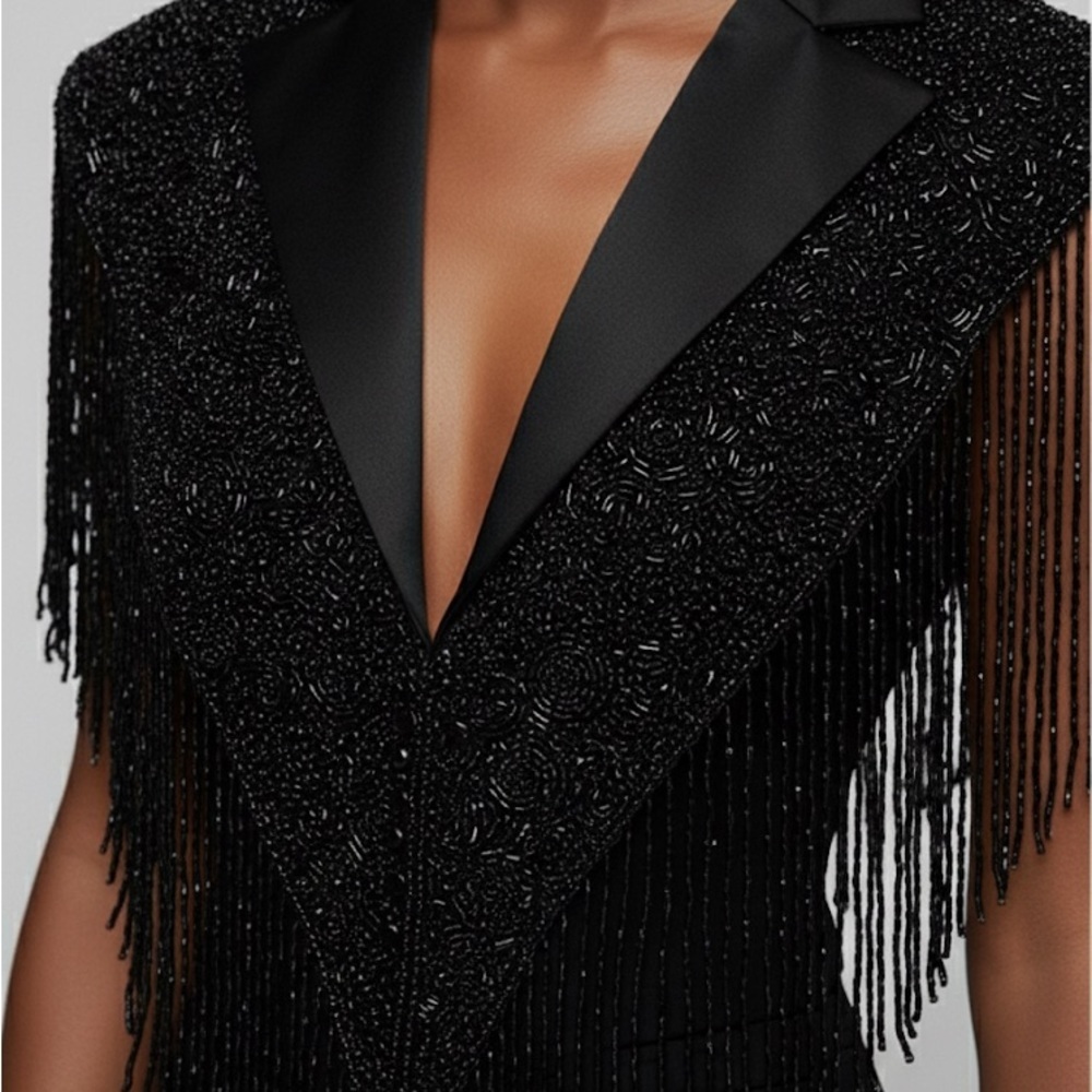 Black Blazer Cape with Beaded Fringe